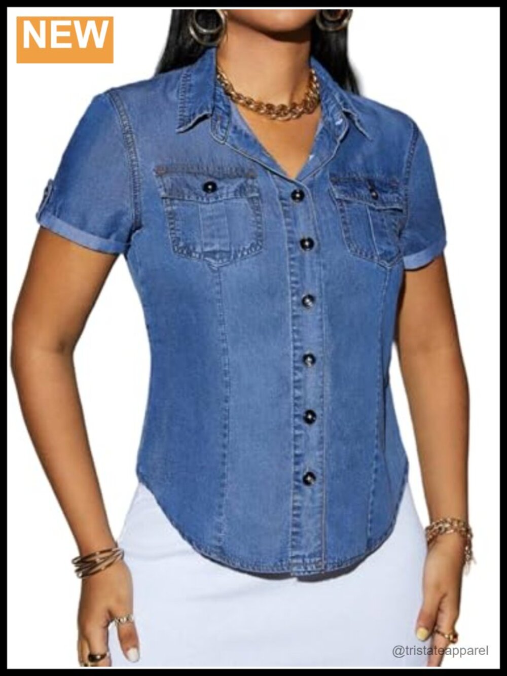 Women's Short Sleeve Denim Button Down Shirt with Flap Pockets Casual